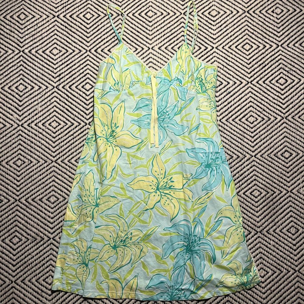 Lilly Pulitzer Green Blue Floral Summer Dress S vintage floral vacation Y2K